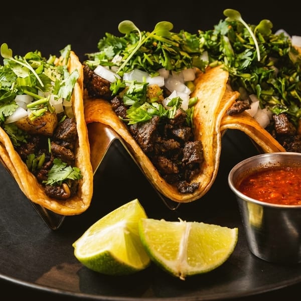 Three beef tacos with cilantro, onions, and lime wedges, served with a side of red salsa.