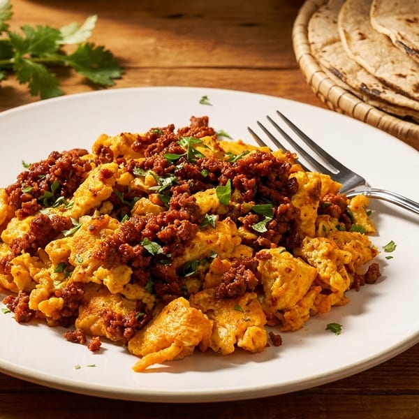 Scrambled eggs with chorizo and cilantro on a white plate with tortillas in a basket.