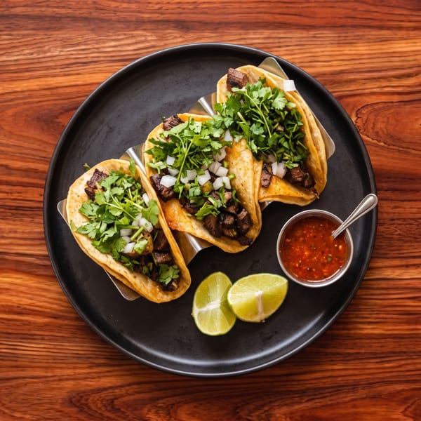 Three street tacos with meat, cilantro, and onions, served with lime wedges and salsa on a black plate.